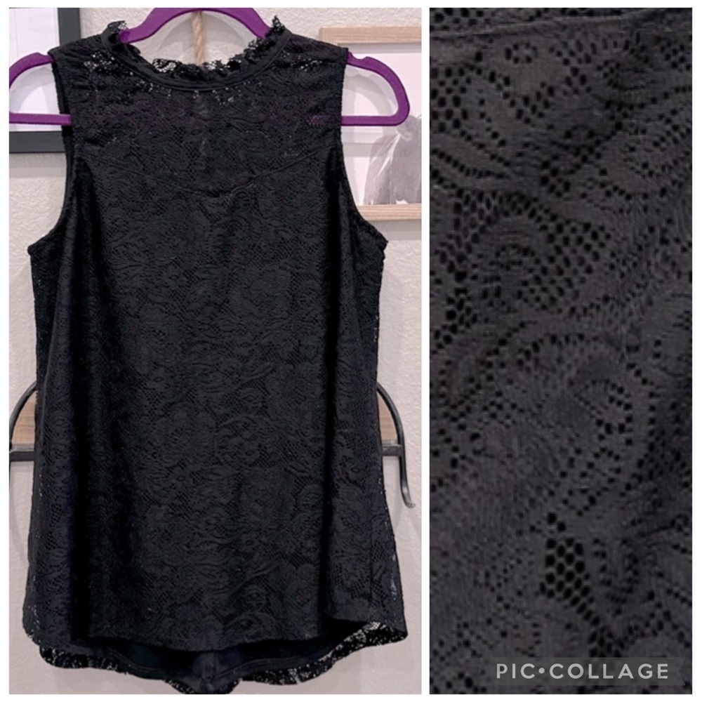 EUC A. Byer Black Sleeveless Mock-Neck Lace Woven Blouse Size Large